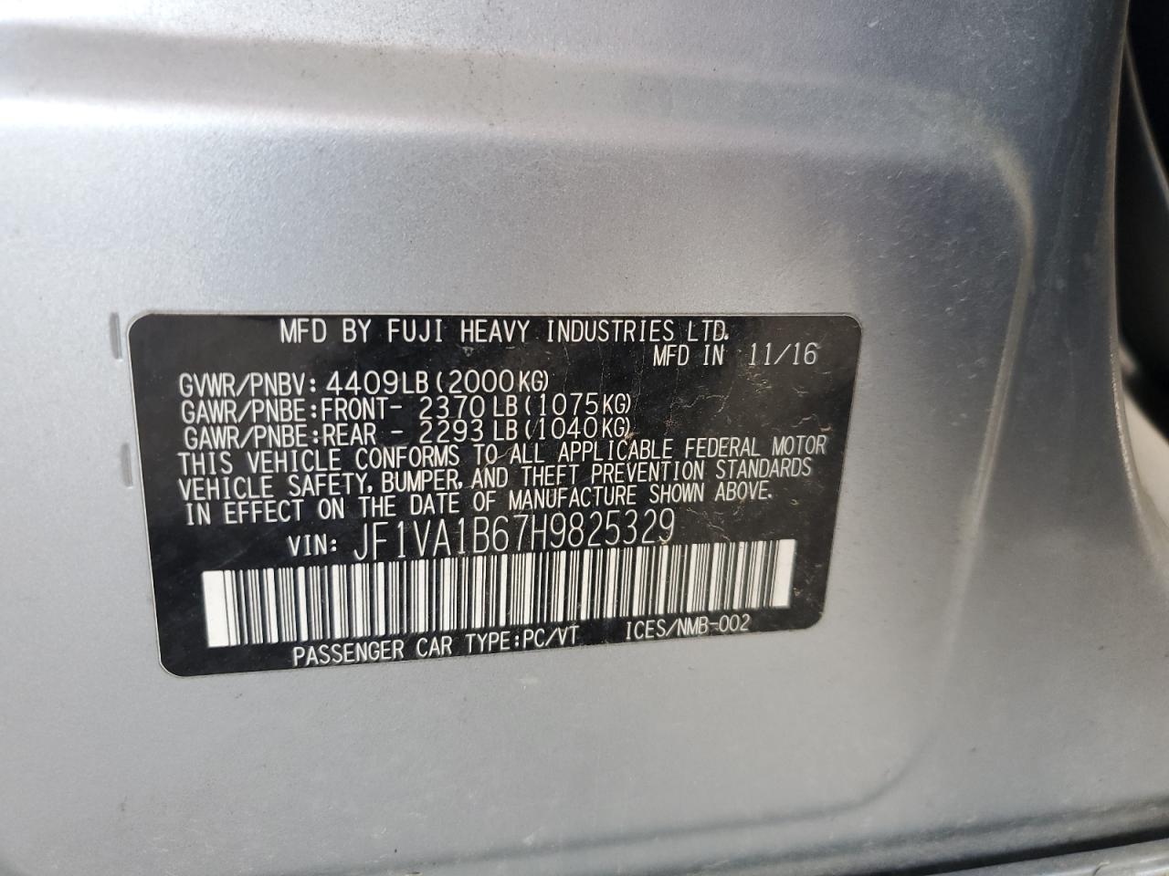 2017 Subaru Wrx VIN: JF1VA1B67H9825329 Lot: 52322255
