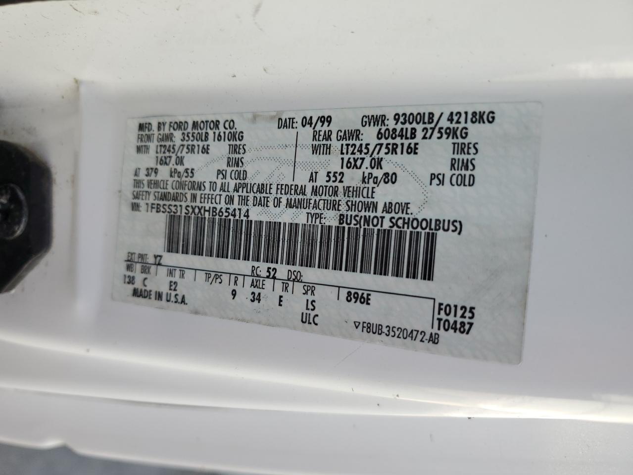1999 Ford Econoline E350 Super Duty Wagon VIN: 1FBSS31SXXHB65414 Lot: 52759695