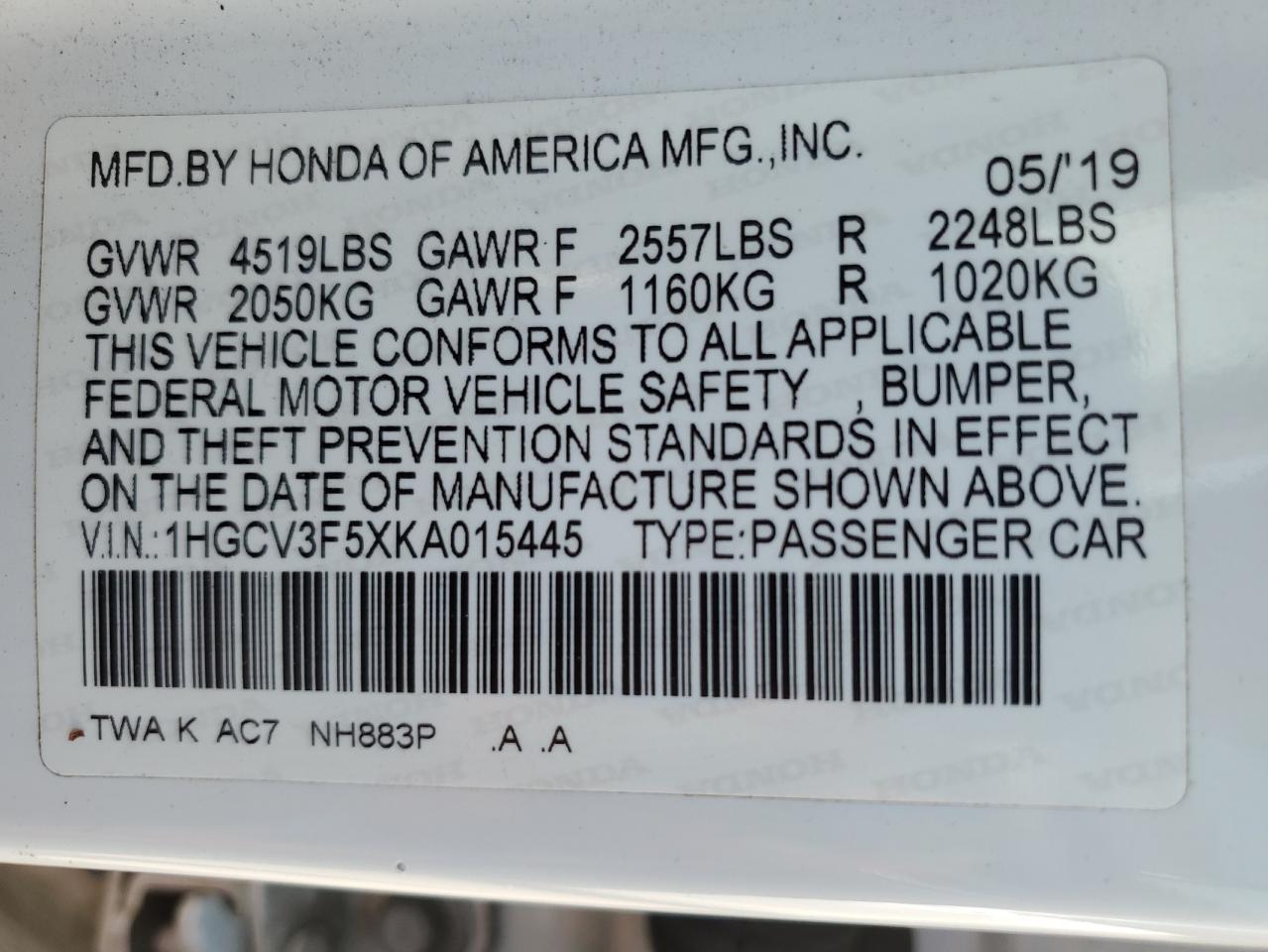 2019 Honda Accord Hybrid Exl VIN: 1HGCV3F5XKA015445 Lot: 54978575