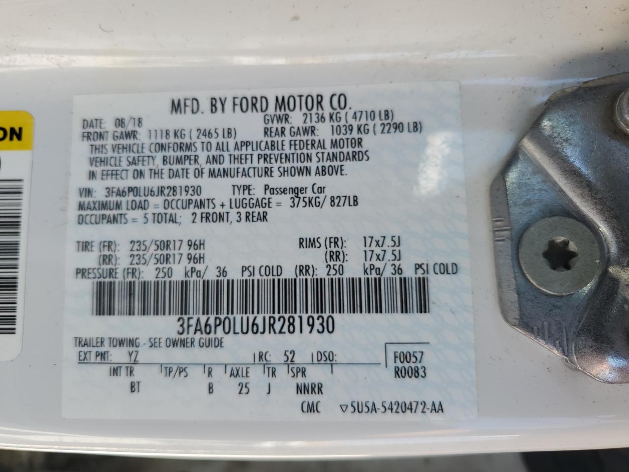 2018 Ford Fusion Se Hybrid VIN: 3FA6P0LU6JR281930 Lot: 54032965