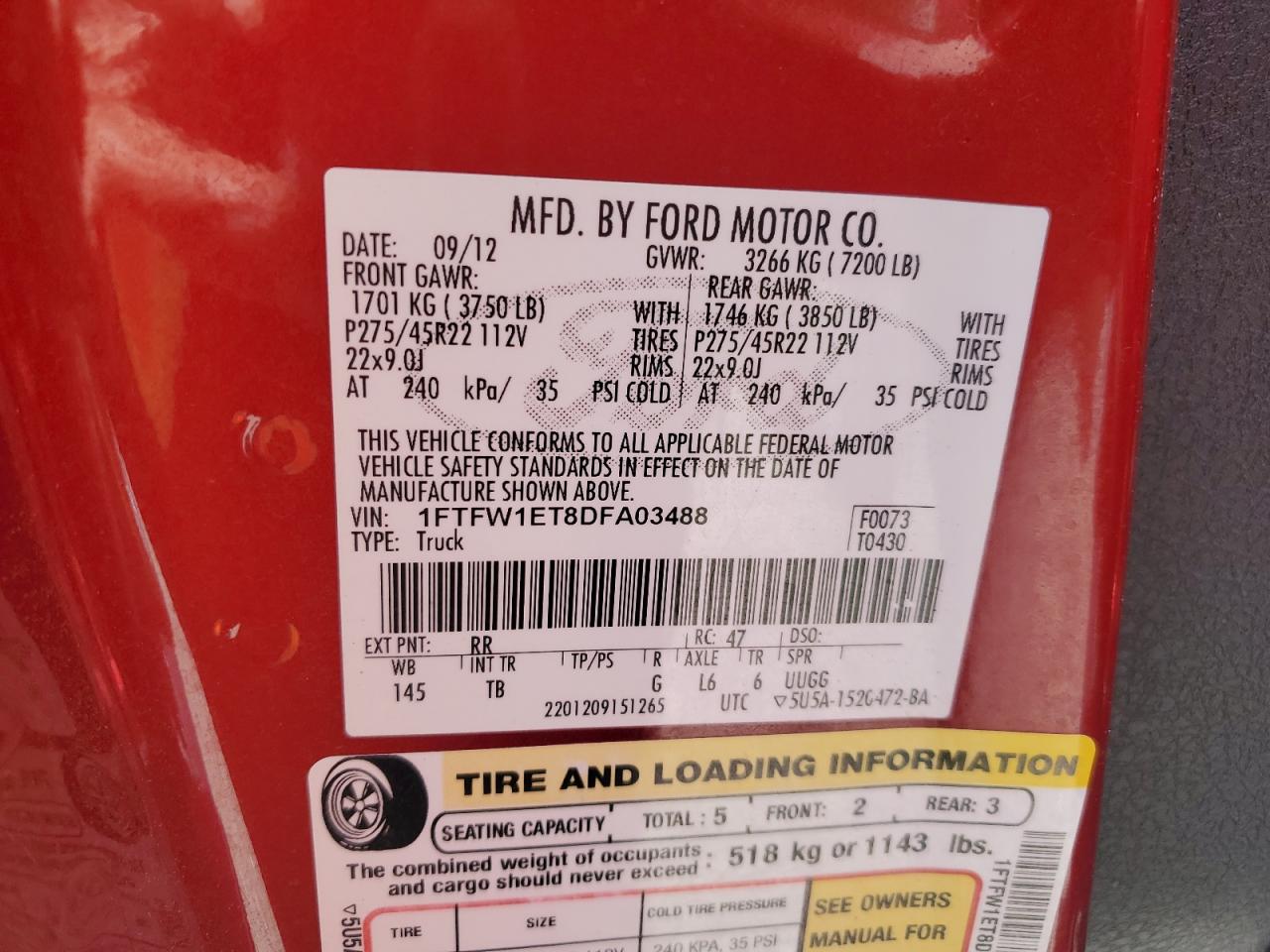 2013 Ford F150 Supercrew VIN: 1FTFW1ET8DFA03488 Lot: 51586985