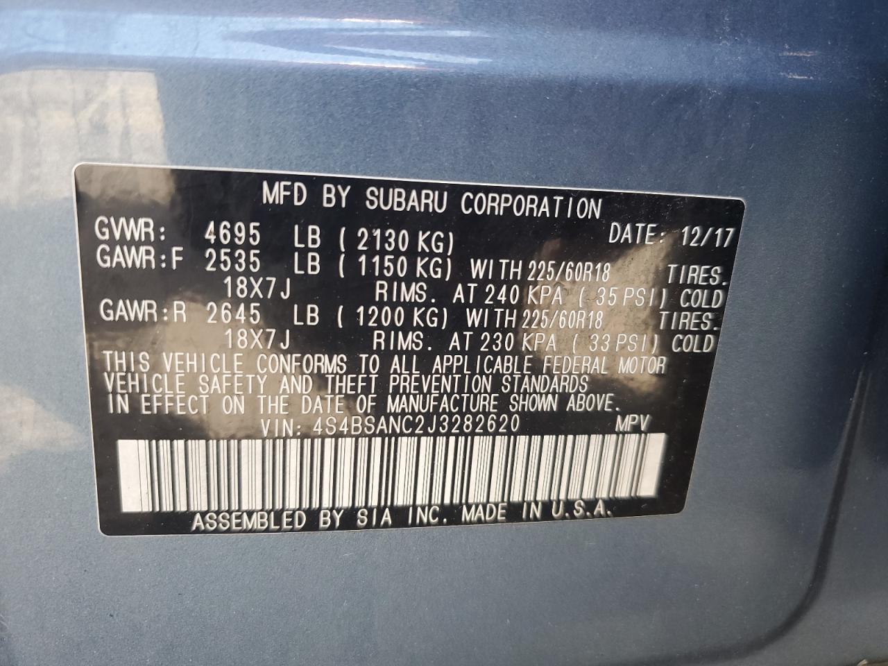 2018 Subaru Outback 2.5I Limited VIN: 4S4BSANC2J3282620 Lot: 55068995