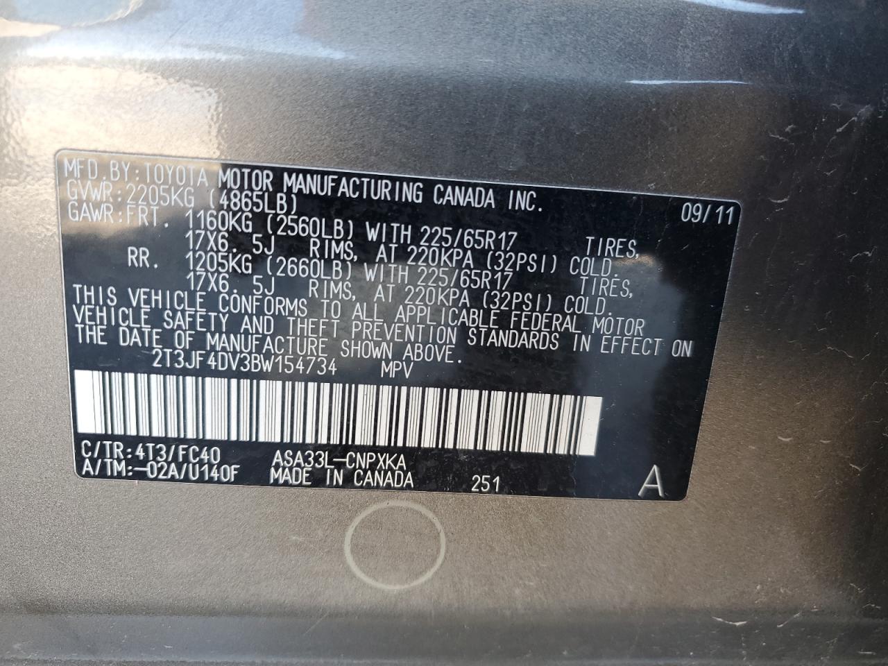 2011 Toyota Rav4 VIN: 2T3JF4DV3BW154734 Lot: 55047905