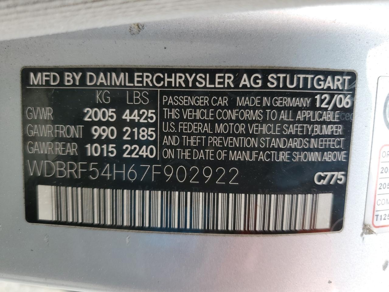 2007 Mercedes-Benz C 280 VIN: WDBRF54H67F902922 Lot: 53160835