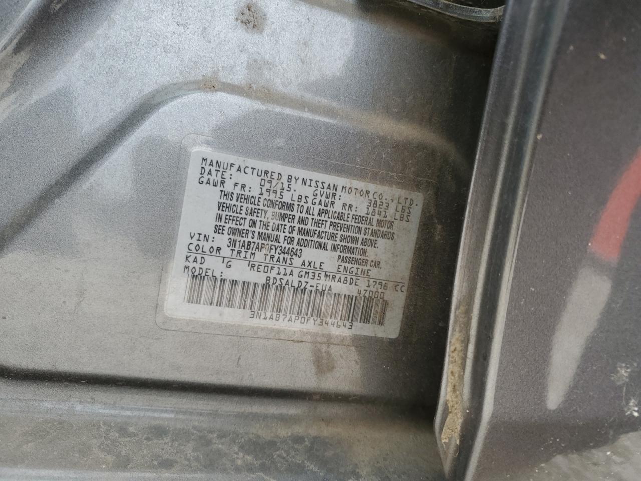 2015 Nissan Sentra S VIN: 3N1AB7AP0FY344643 Lot: 54817195