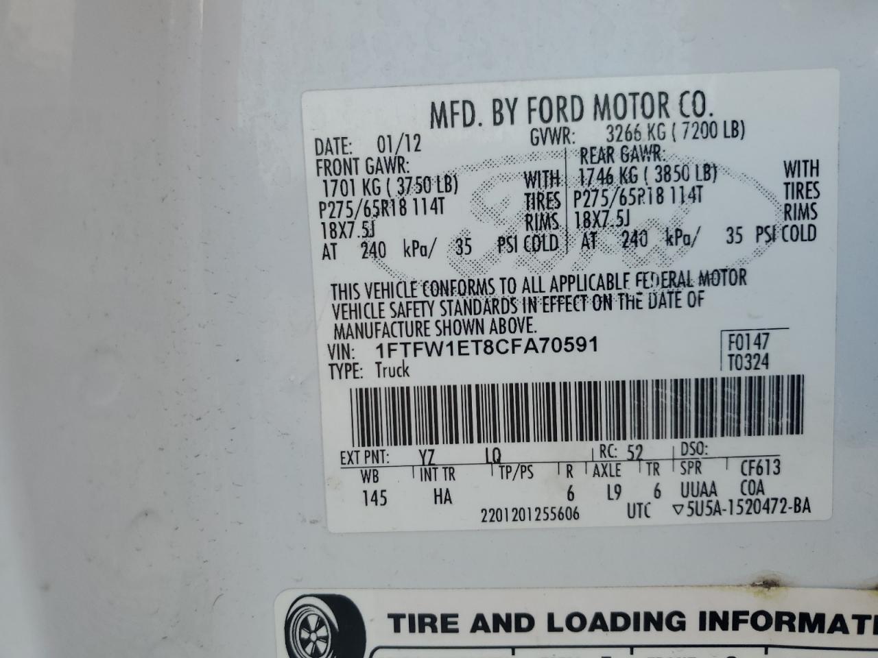 2012 Ford F150 Supercrew VIN: 1FTFW1ET8CFA70591 Lot: 53117155