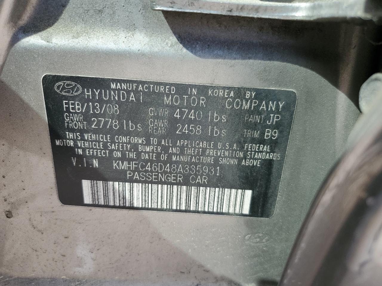 2008 Hyundai Azera Gls VIN: KMHFC46D48A335931 Lot: 53896485