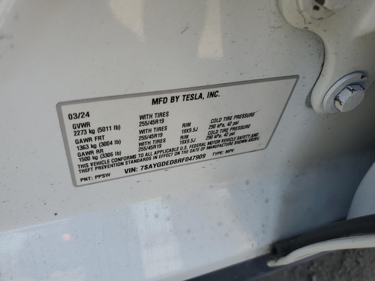 2024 Tesla Model Y VIN: 7SAYGDED8RF047909 Lot: 51341805