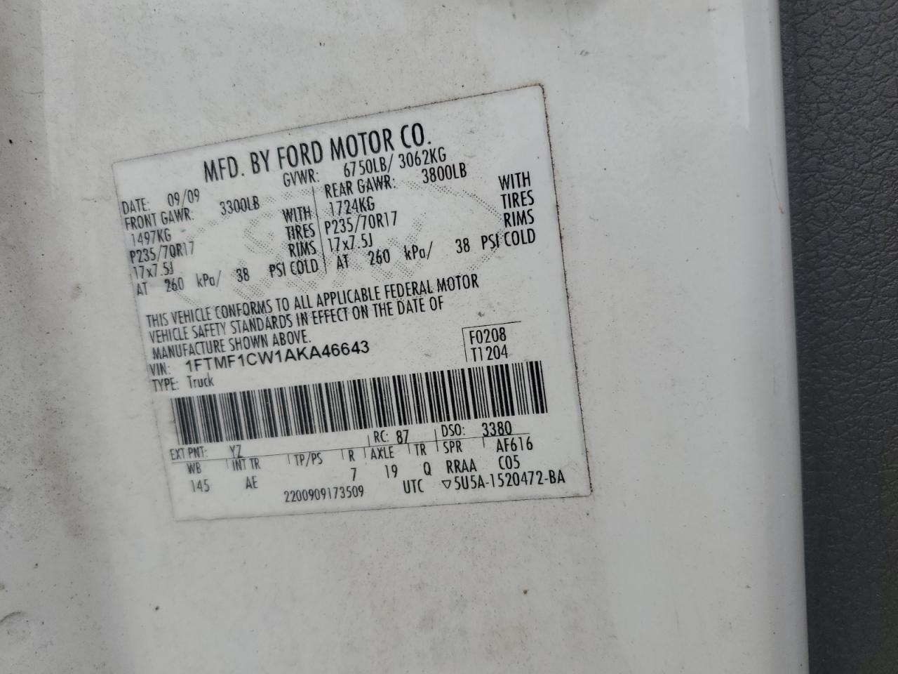 2010 Ford F150 VIN: 1FTMF1CW1AKA46643 Lot: 54370785