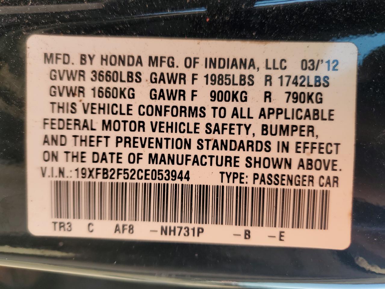 2012 Honda Civic Lx VIN: 19XFB2F52CE053944 Lot: 52404185