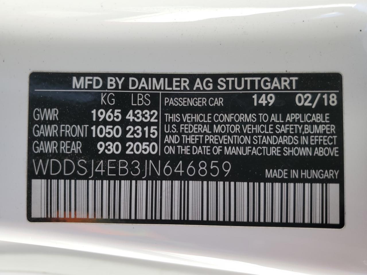 2018 Mercedes-Benz Cla 250 VIN: WDDSJ4EB3JN646859 Lot: 50578575