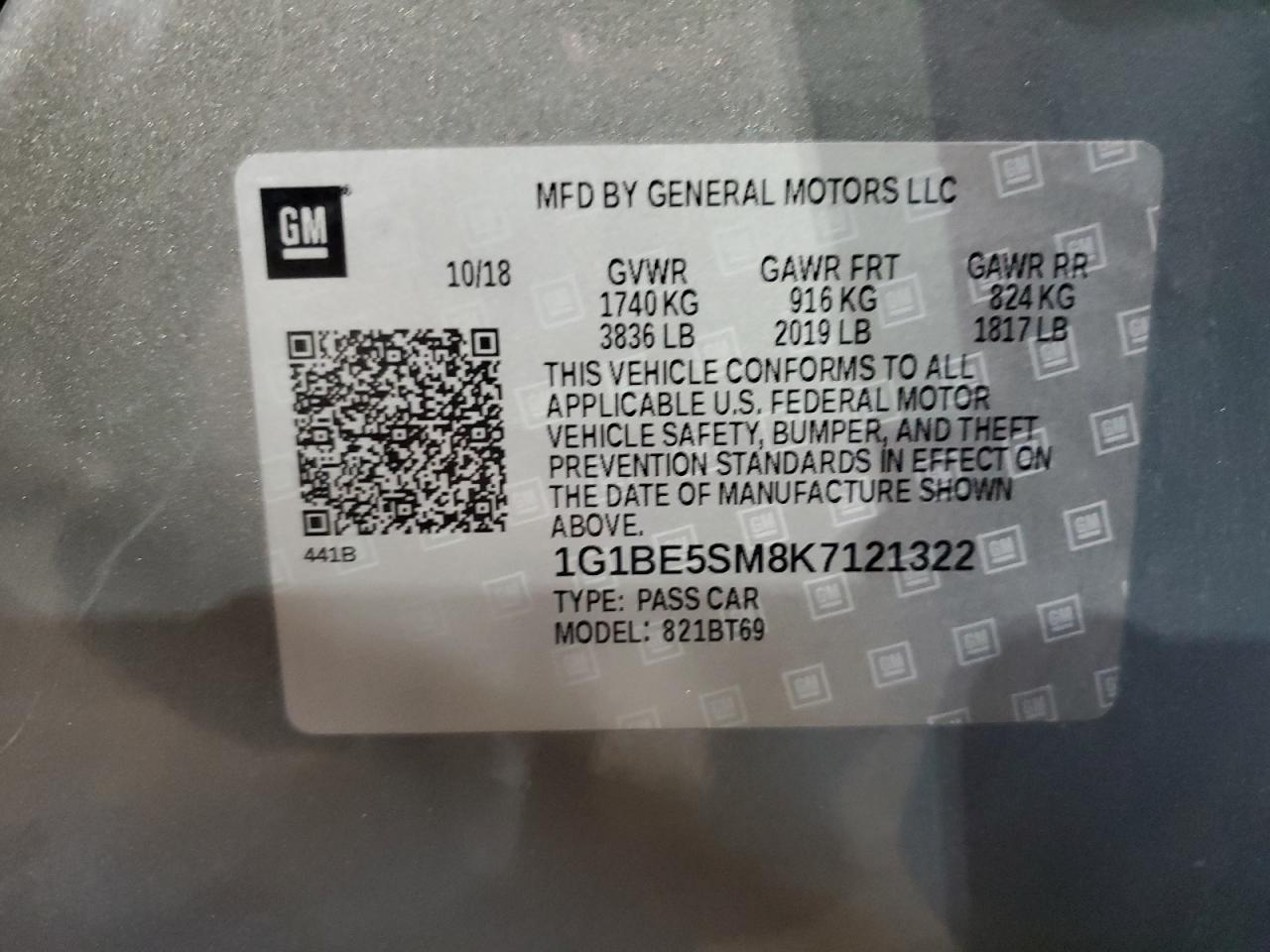 2019 Chevrolet Cruze Lt VIN: 1G1BE5SM8K7121322 Lot: 53541935