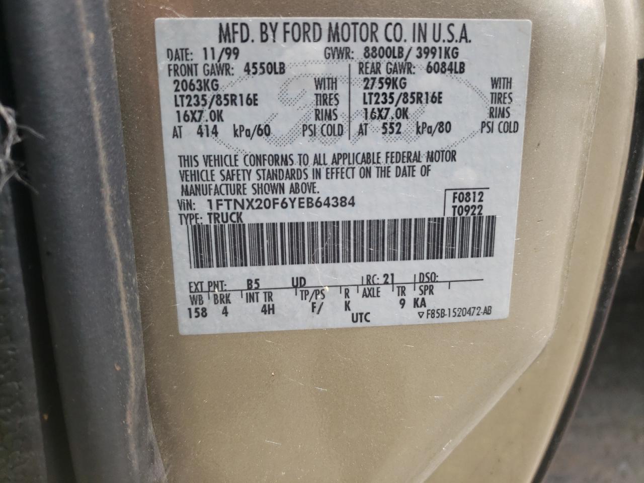 2000 Ford F250 Super Duty VIN: 1FTNX20F6YEB64384 Lot: 51766675