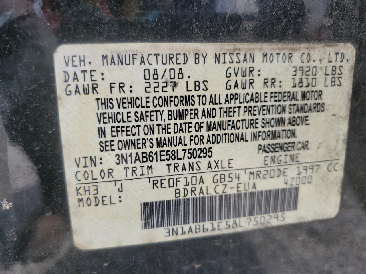 2008 Nissan Sentra 2.0 VIN: 3N1AB61E58L750295 Lot: 54566795