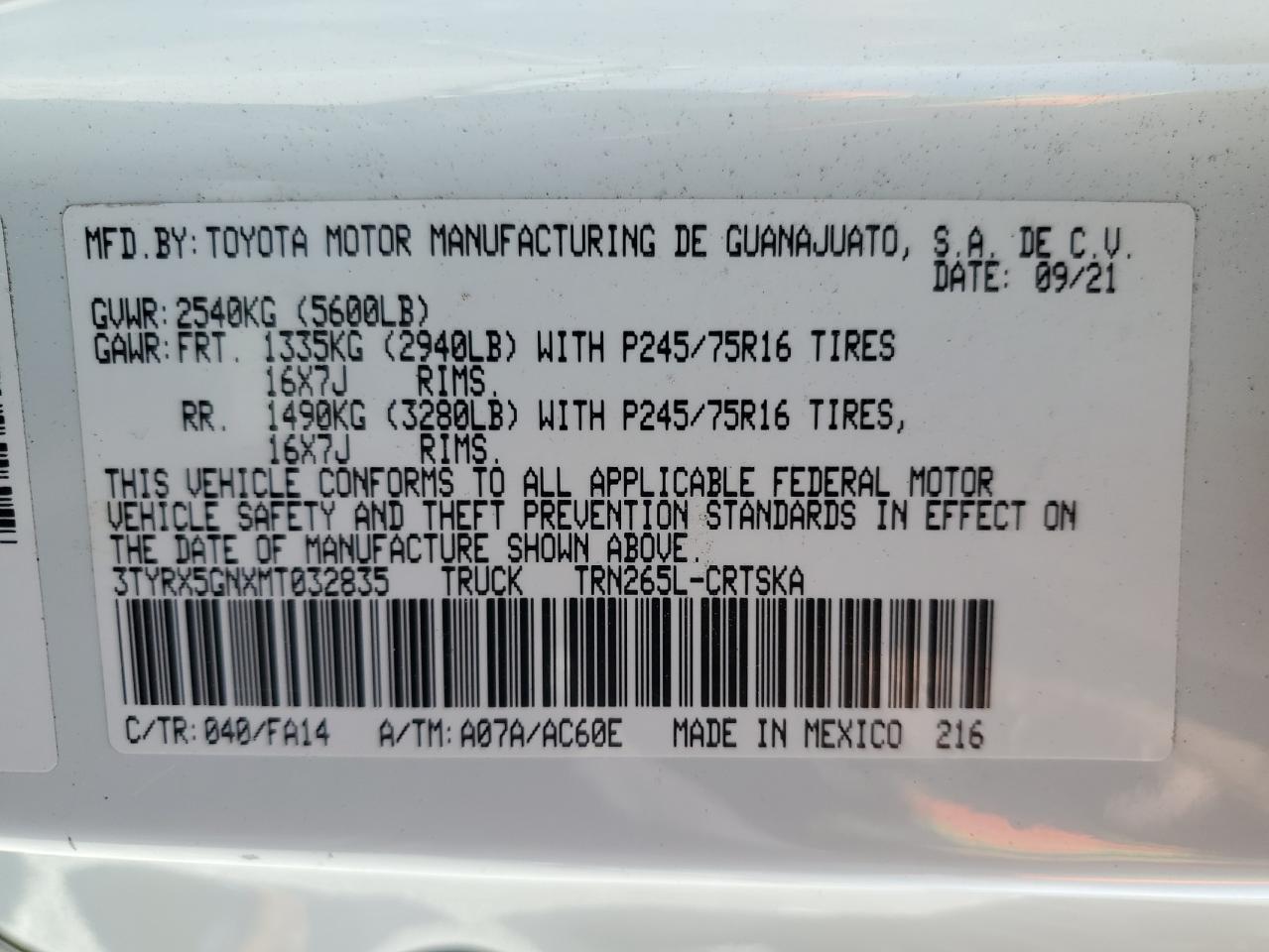 2021 Toyota Tacoma Access Cab VIN: 3TYRX5GNXMT032835 Lot: 54526455
