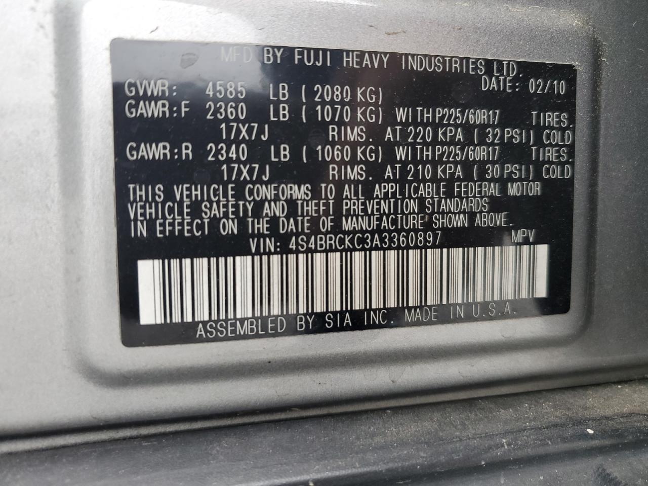 2010 Subaru Outback 2.5I Limited VIN: 4S4BRCKC3A3360897 Lot: 54860455