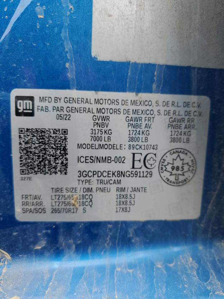 2022 Chevrolet Silverado K1500 Trail Boss Custom VIN: 3GCPDCEK8NG591129 Lot: 52740825