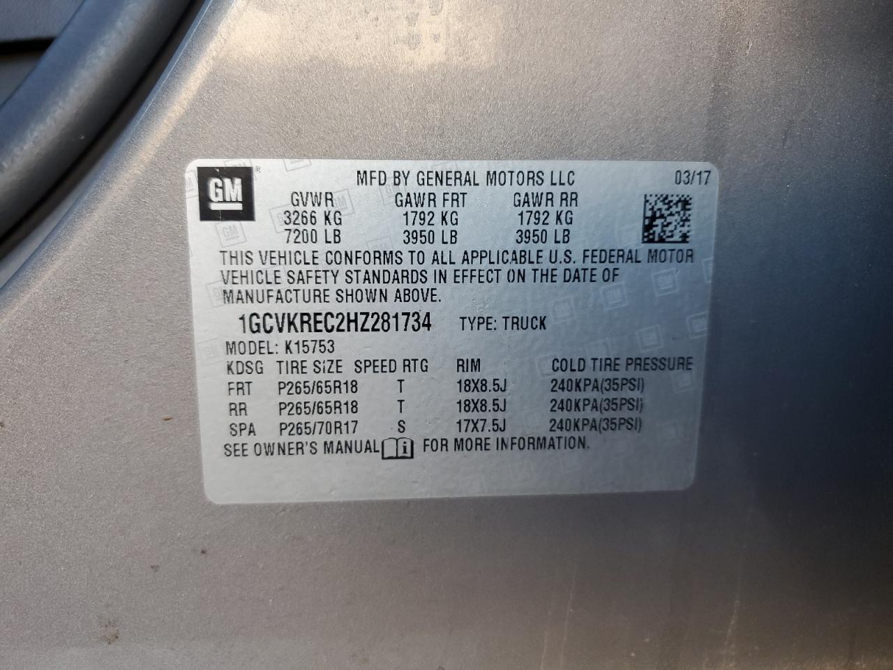 2017 Chevrolet Silverado K1500 Lt VIN: 1GCVKREC2HZ281734 Lot: 53437515