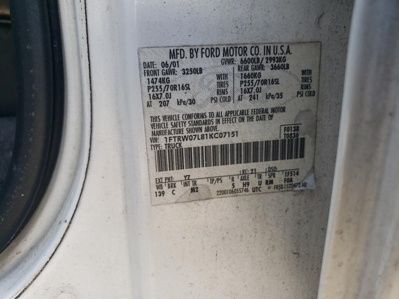 2001 Ford F150 Supercrew VIN: 1FTRW07L81KC07151 Lot: 86475985