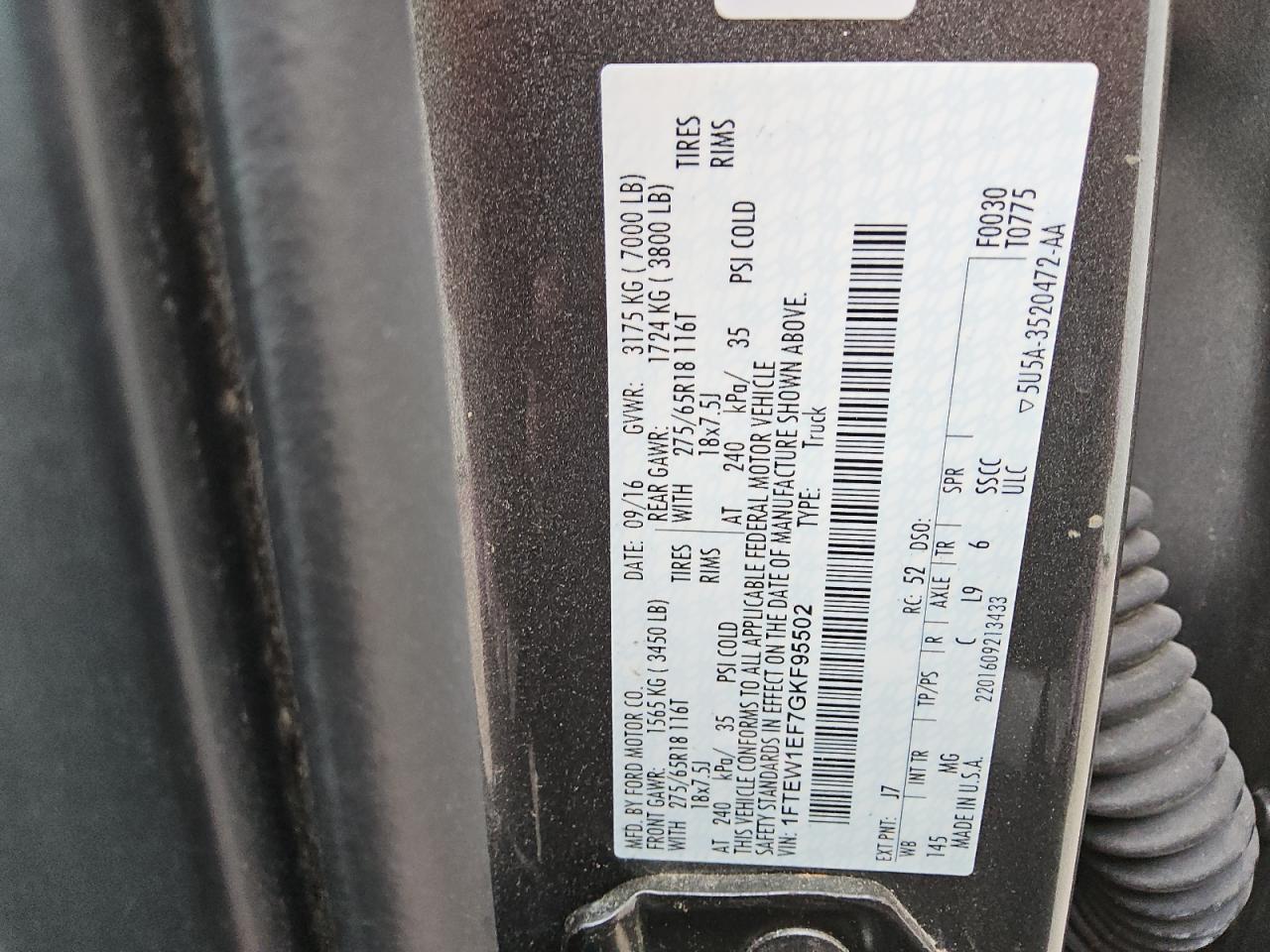 2016 Ford F150 Supercrew VIN: 1FTEW1EF7GKF95502 Lot: 54774355