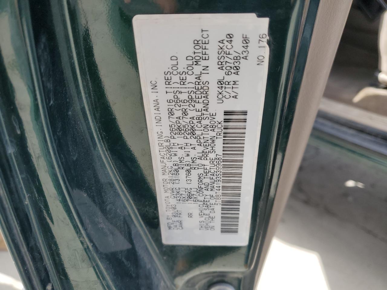 2003 Toyota Tundra Access Cab Sr5 VIN: 5TBBT44193S399687 Lot: 51774295