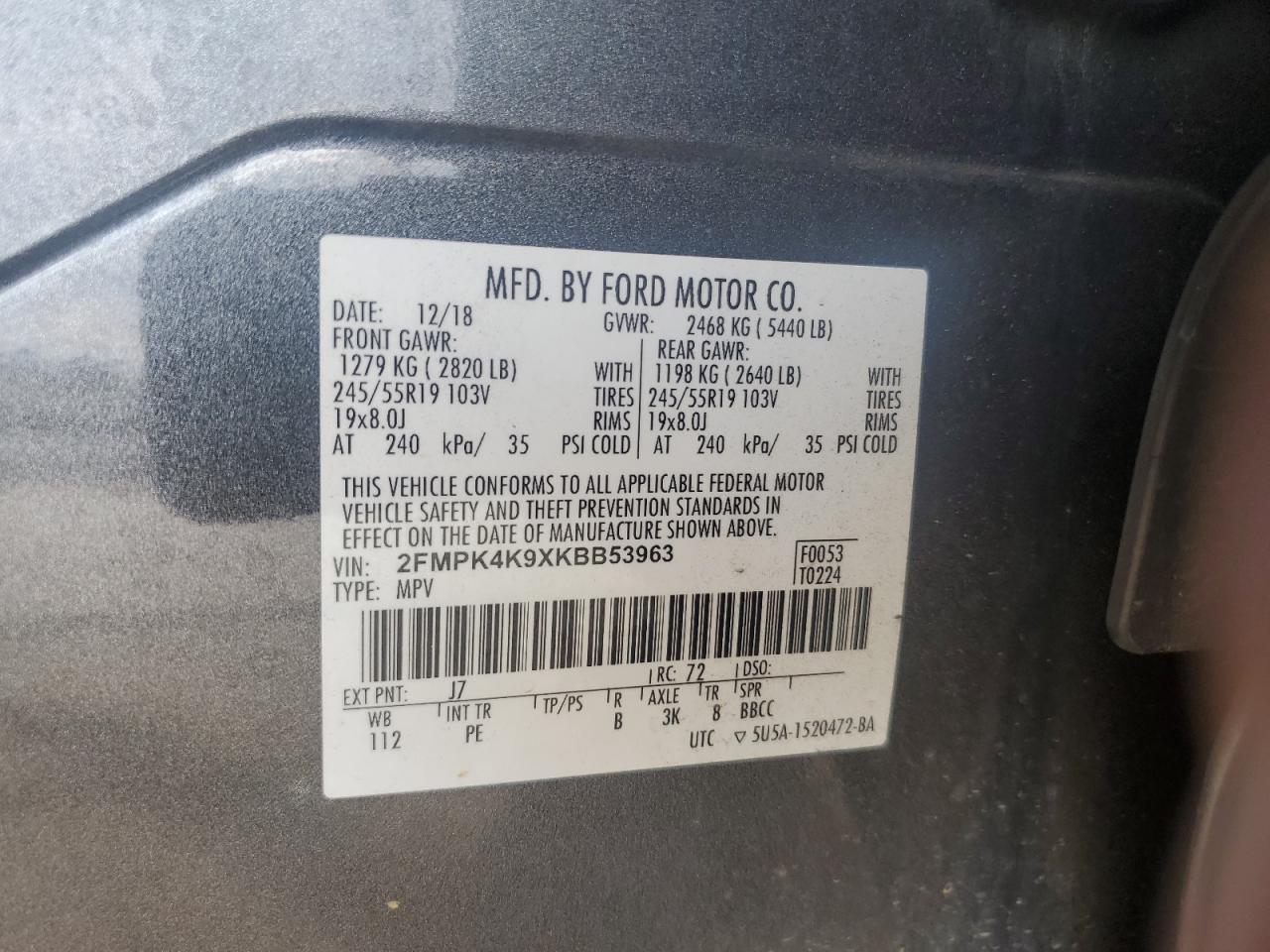 2019 Ford Edge Titanium VIN: 2FMPK4K9XKBB53963 Lot: 55141475