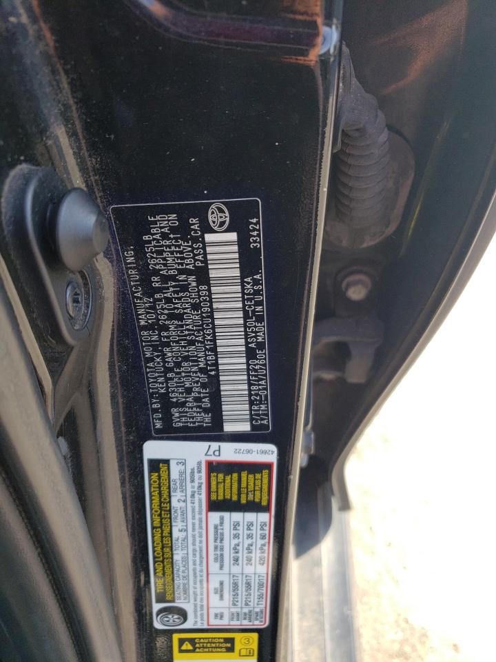 2012 Toyota Camry Base VIN: 4T1BF1FK6CU190398 Lot: 54853465