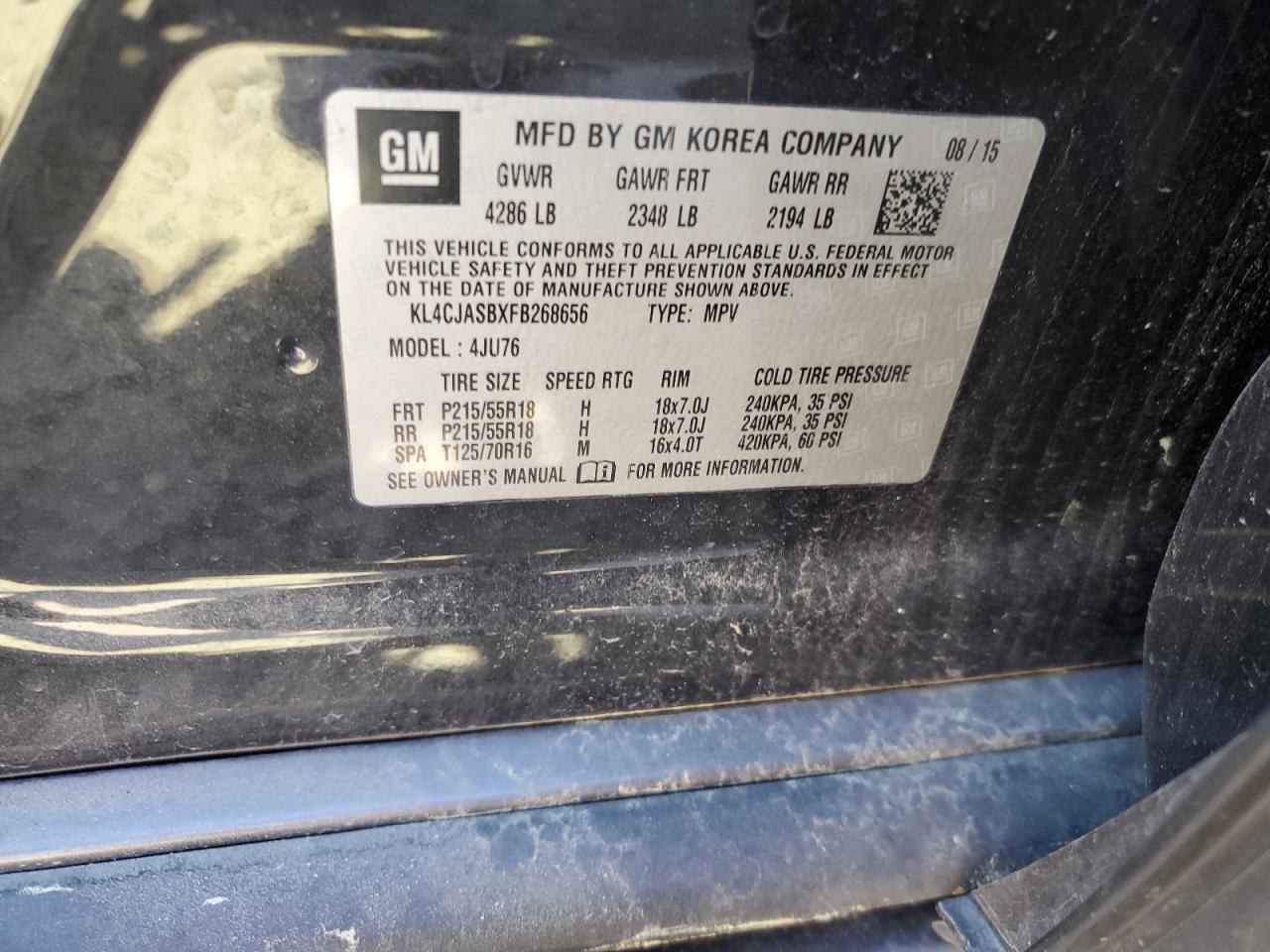 2015 Buick Encore VIN: KL4CJASBXFB268656 Lot: 53899285