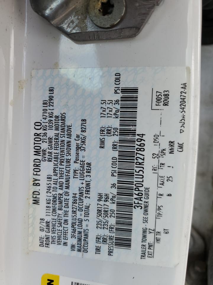 2018 Ford Fusion Se Hybrid VIN: 3FA6P0LU5JR278694 Lot: 54032505