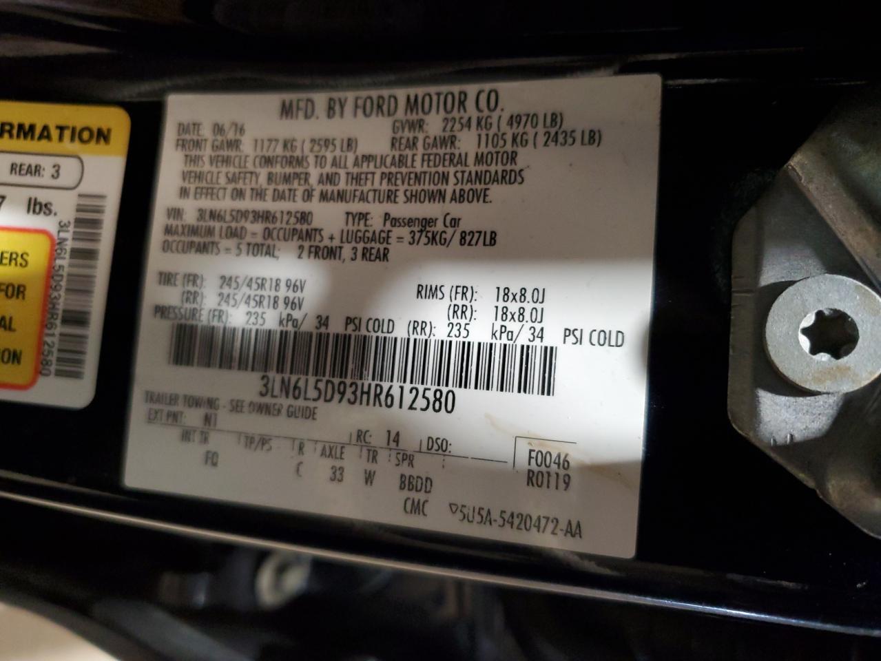 2017 Lincoln Mkz Select VIN: 3LN6L5D93HR612580 Lot: 51898055
