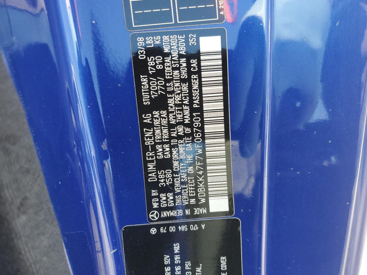 1998 Mercedes-Benz Slk 230 Kompressor VIN: WDBKK47F7WF067901 Lot: 55122585