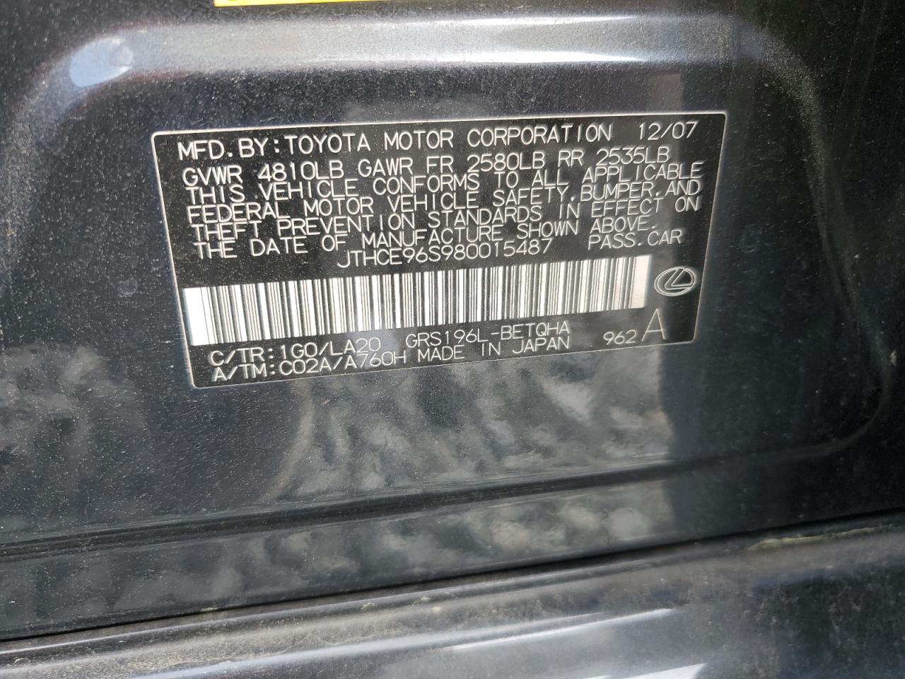 2008 Lexus Gs 350 VIN: JTHCE96S980015487 Lot: 54610395
