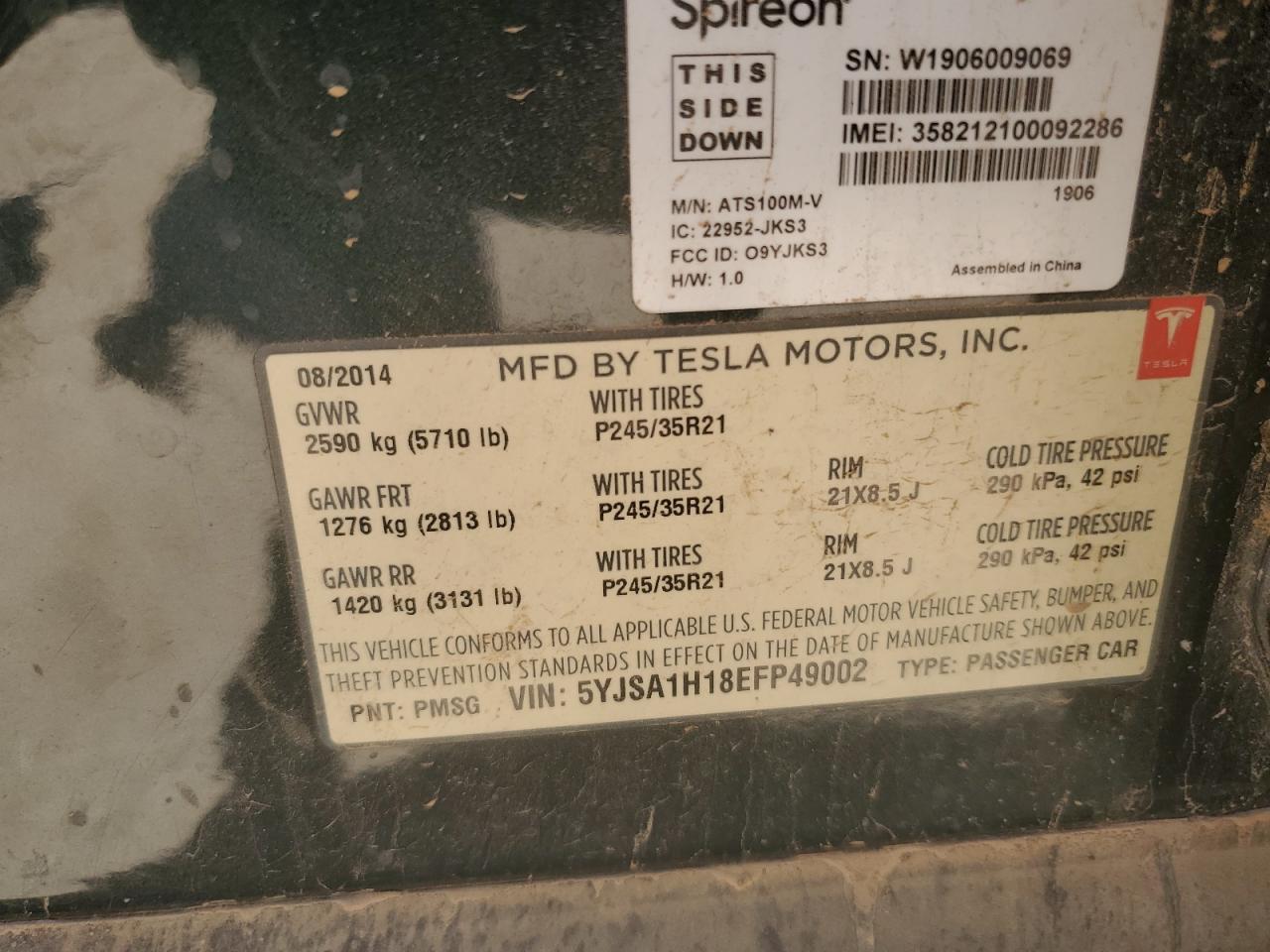 2014 Tesla Model S VIN: 5YJSA1H18EFP49002 Lot: 52215665