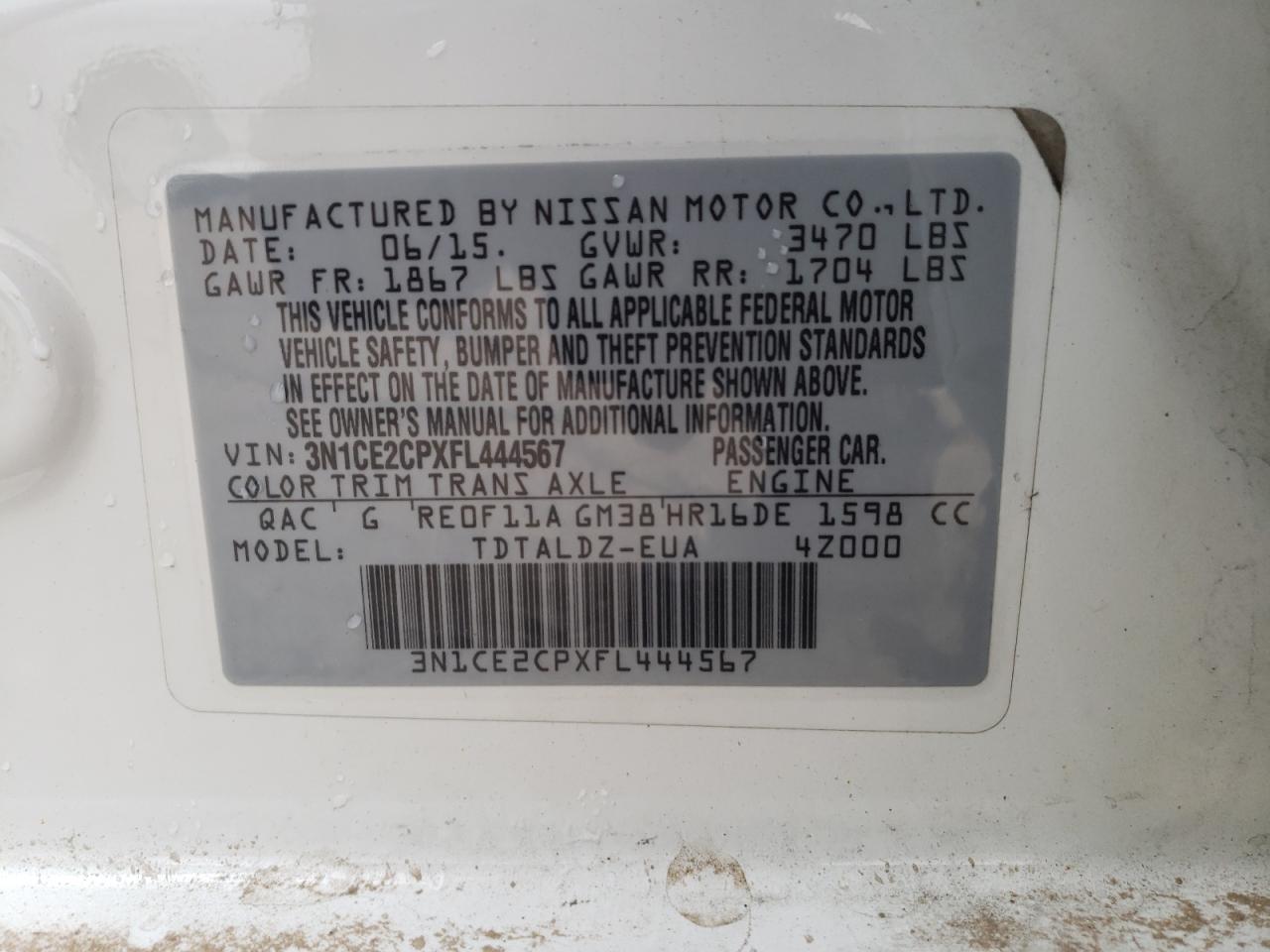 2015 Nissan Versa Note S VIN: 3N1CE2CPXFL444567 Lot: 53554455