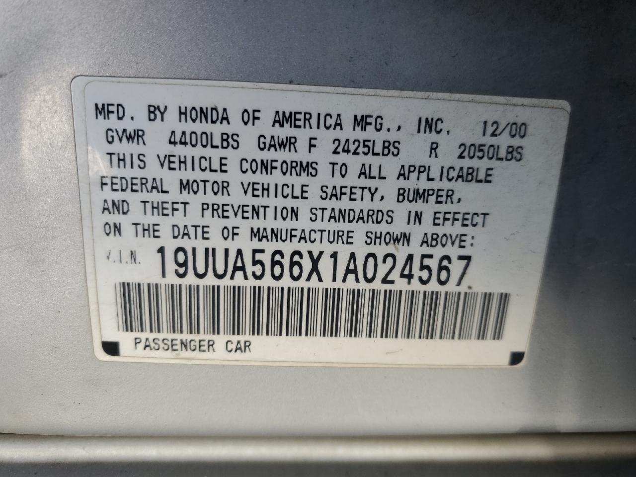 2001 Acura 3.2Tl VIN: 19UUA566X1A024567 Lot: 52332035