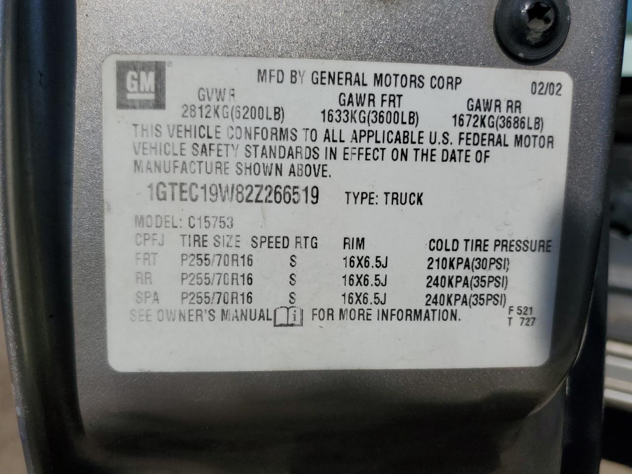 2002 GMC New Sierra C1500 VIN: 1GTEC19W82Z266519 Lot: 53518825