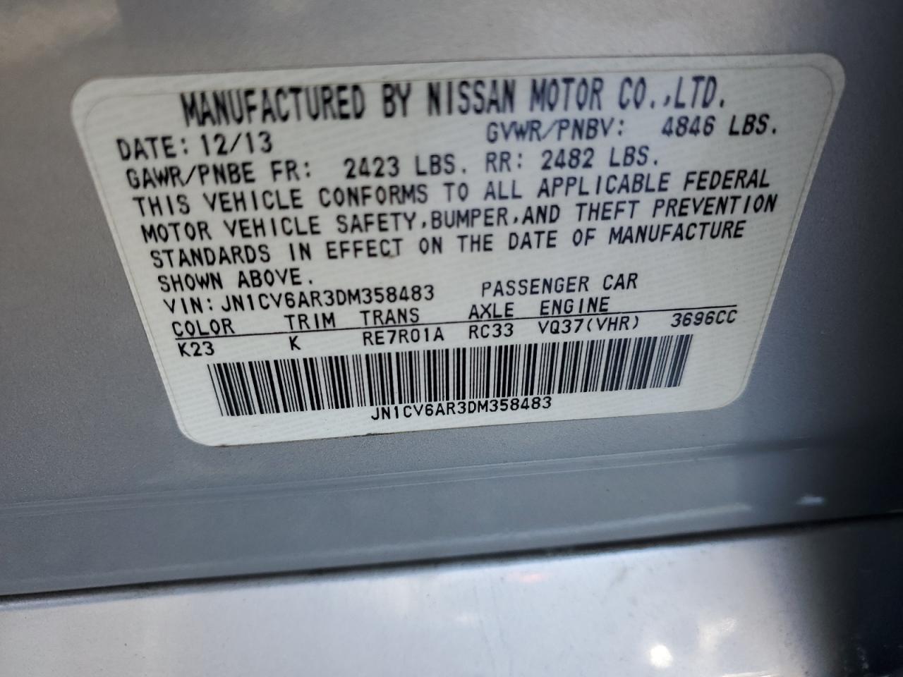 2013 Infiniti G37 VIN: JN1CV6AR3DM358483 Lot: 48320315