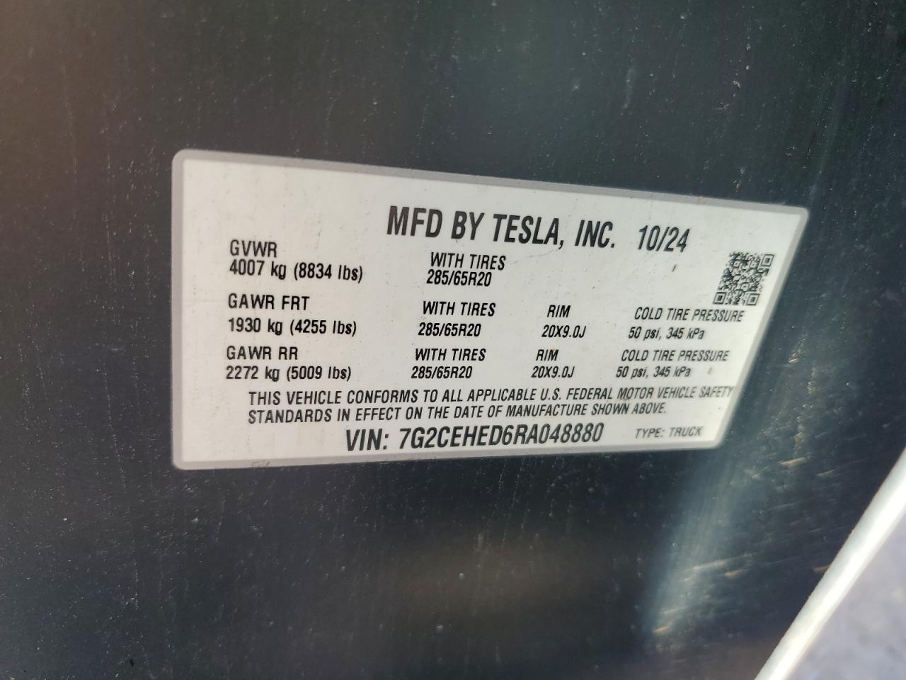 2024 Tesla Cybertruck VIN: 7G2CEHED6RA048880 Lot: 51870645