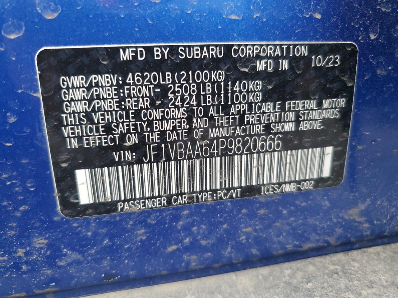 2023 Subaru Wrx VIN: JF1VBAA64P9820666 Lot: 52422165