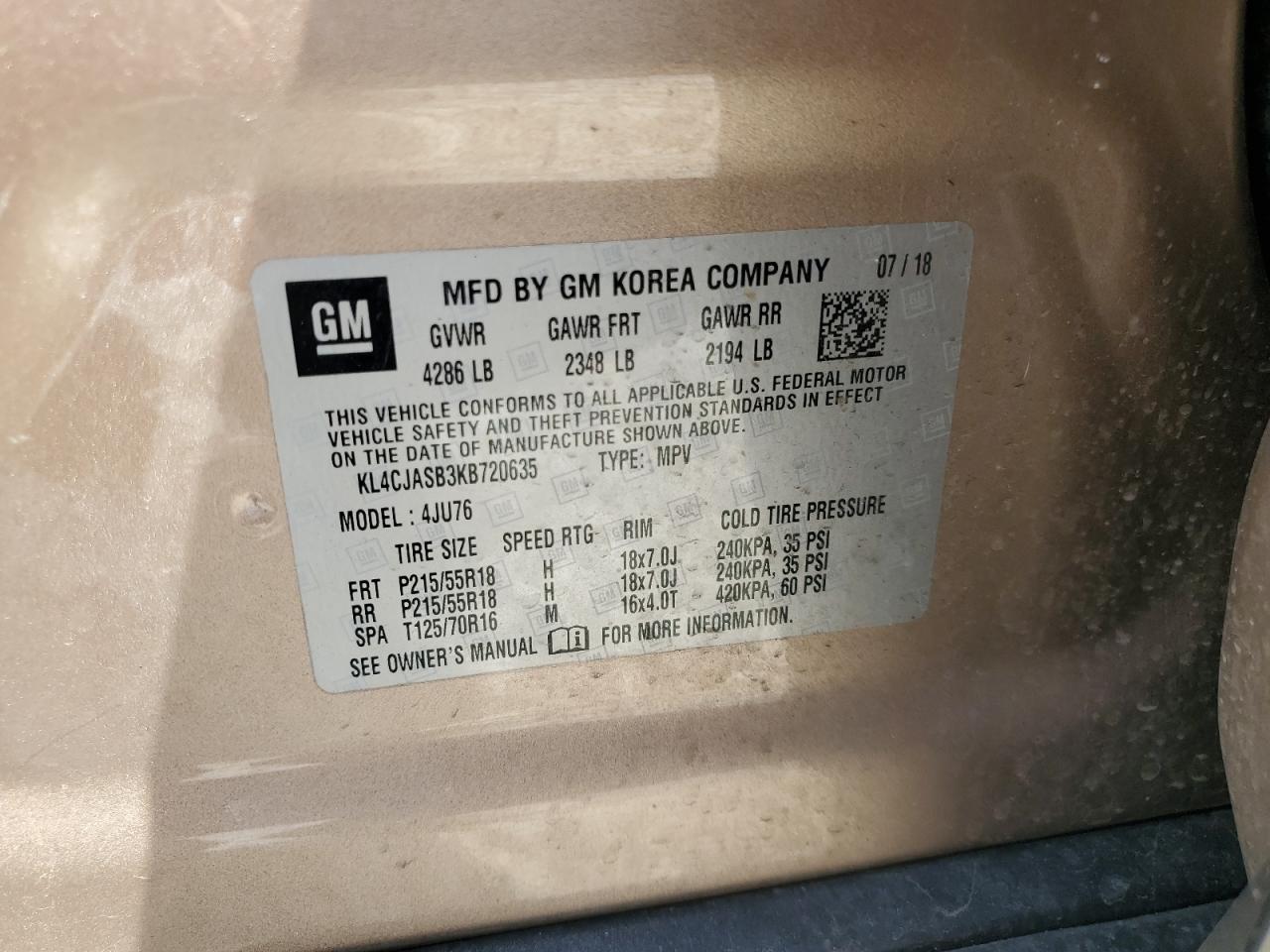 2019 Buick Encore Preferred VIN: KL4CJASB3KB720635 Lot: 53924595