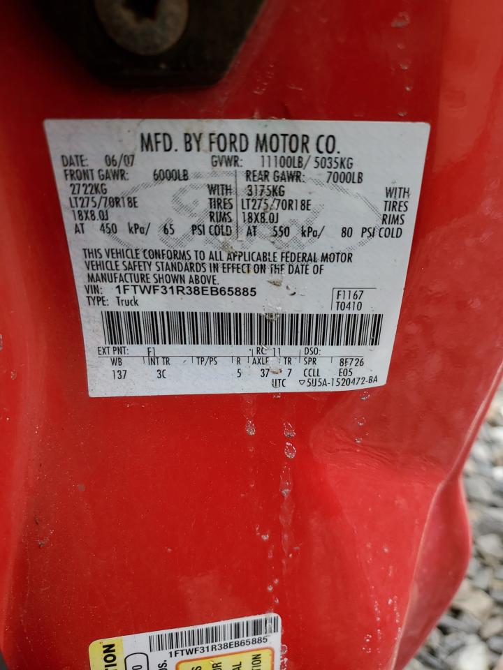 2008 Ford F350 Srw Super Duty VIN: 1FTWF31R38EB65885 Lot: 51842295