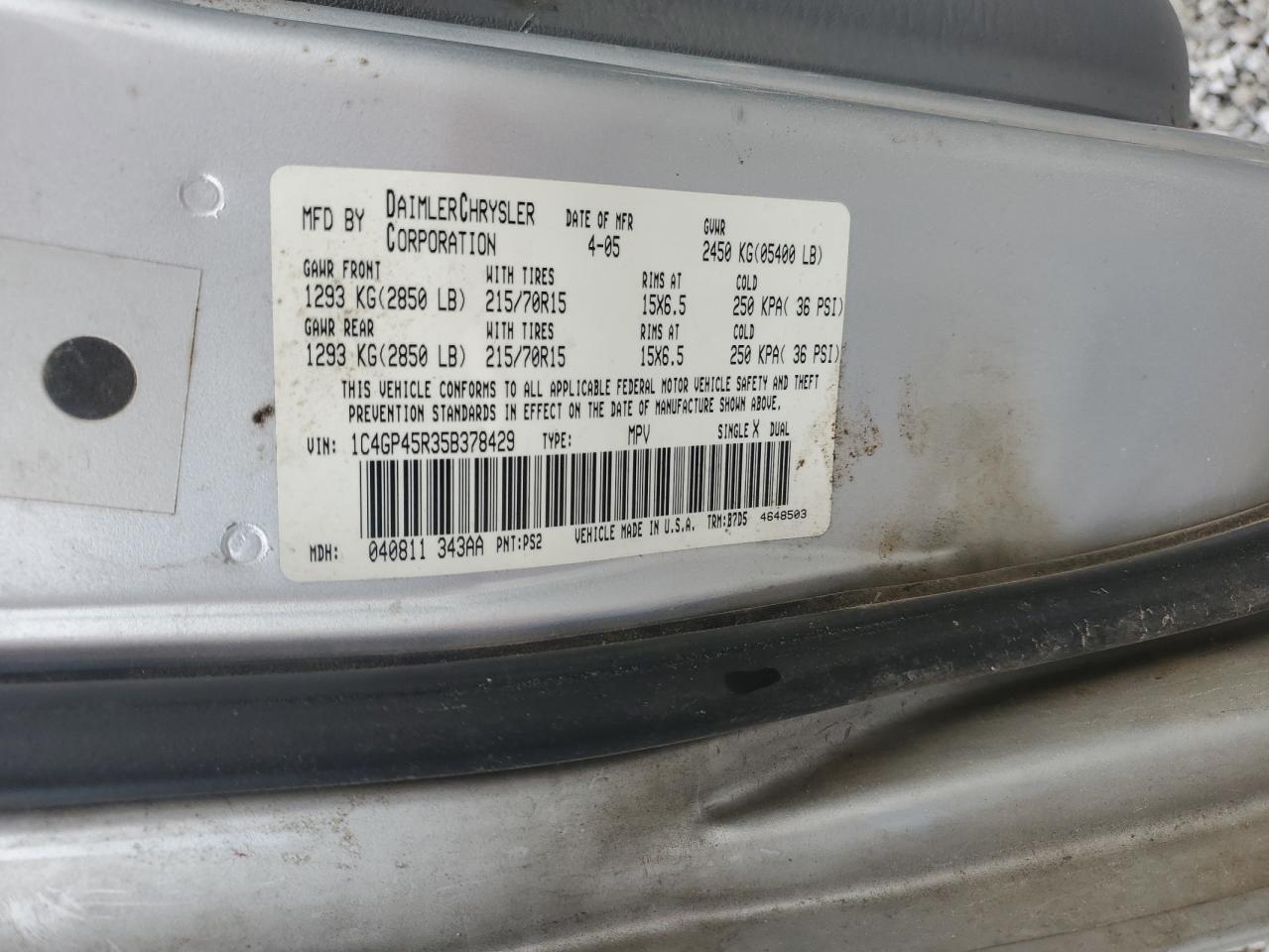 2005 Chrysler Town & Country VIN: 1C4GP45R35B378429 Lot: 53893015