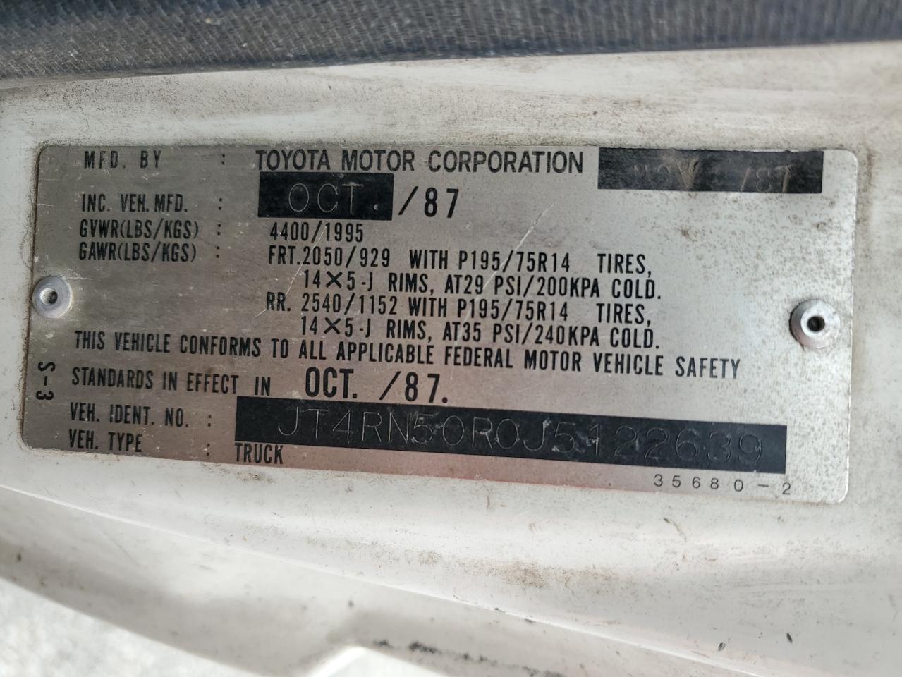 1988 Toyota Pickup 1/2 Ton Rn50 VIN: JT4RN50R0J5122639 Lot: 52792445