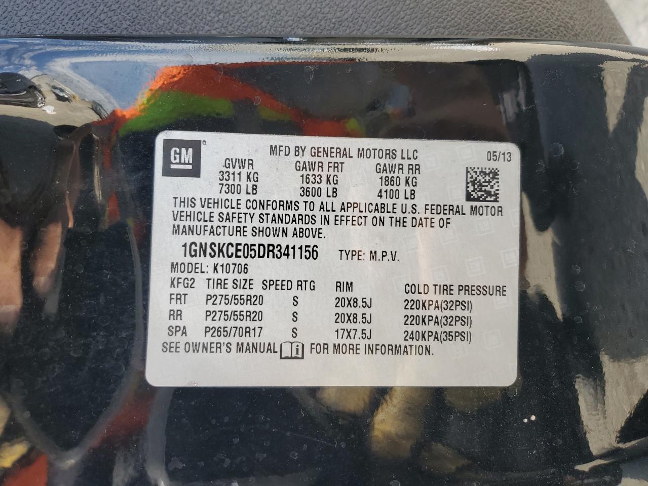 2013 Chevrolet Tahoe K1500 Ltz VIN: 1GNSKCE05DR341156 Lot: 53543625