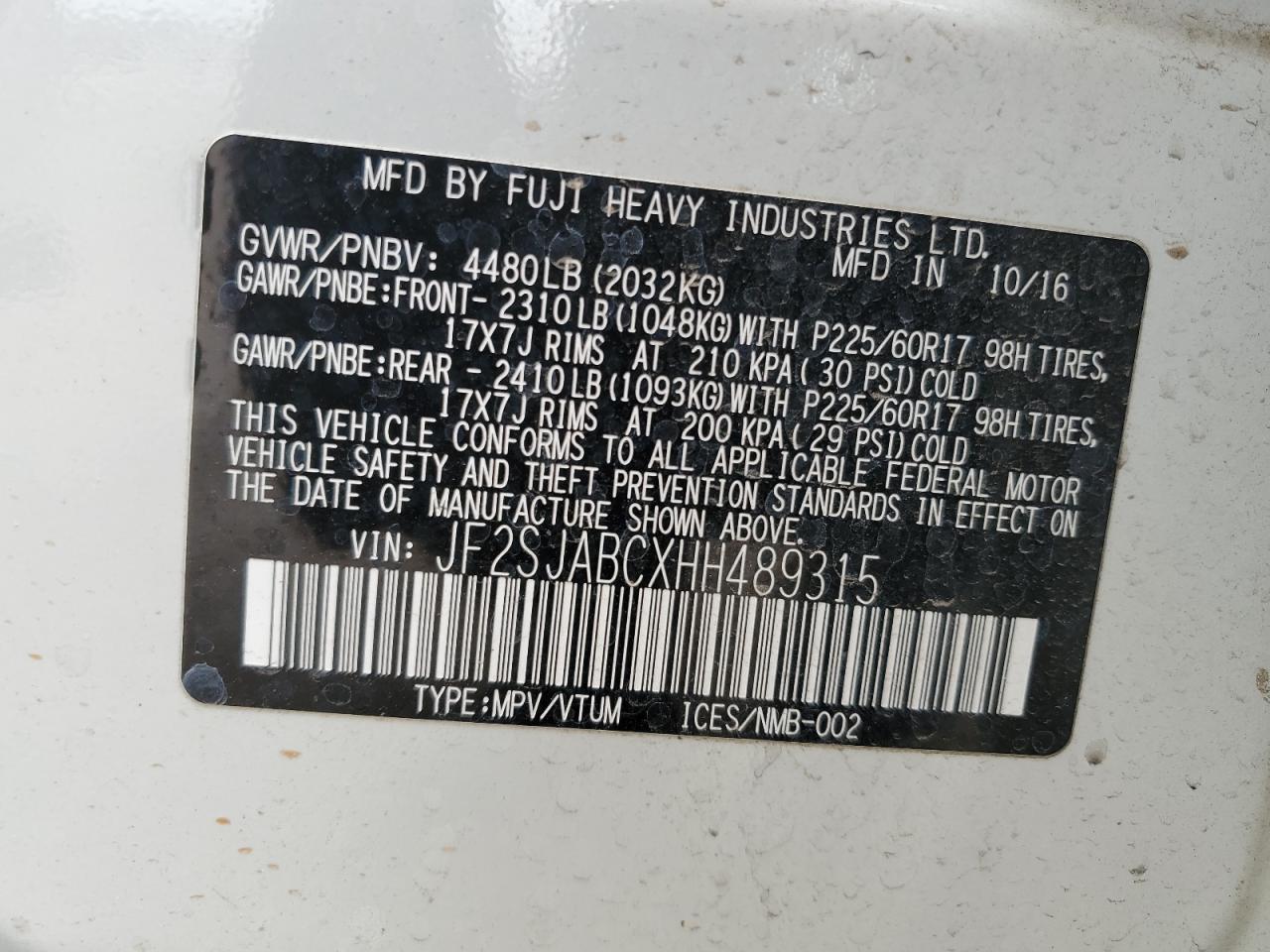 2017 Subaru Forester 2.5I VIN: JF2SJABCXHH489315 Lot: 51469445