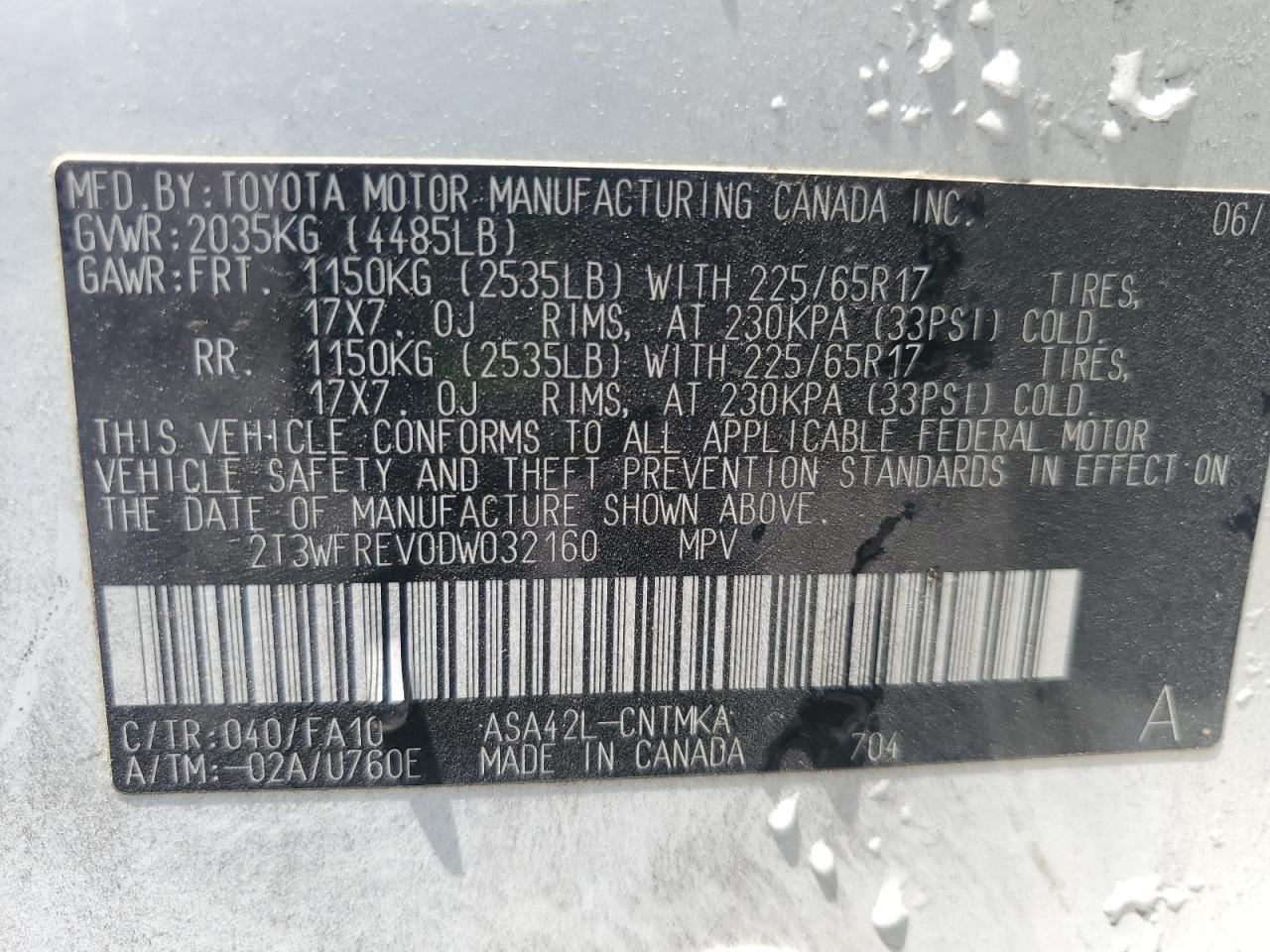 2013 Toyota Rav4 Xle VIN: 2T3WFREV0DW032160 Lot: 55292735