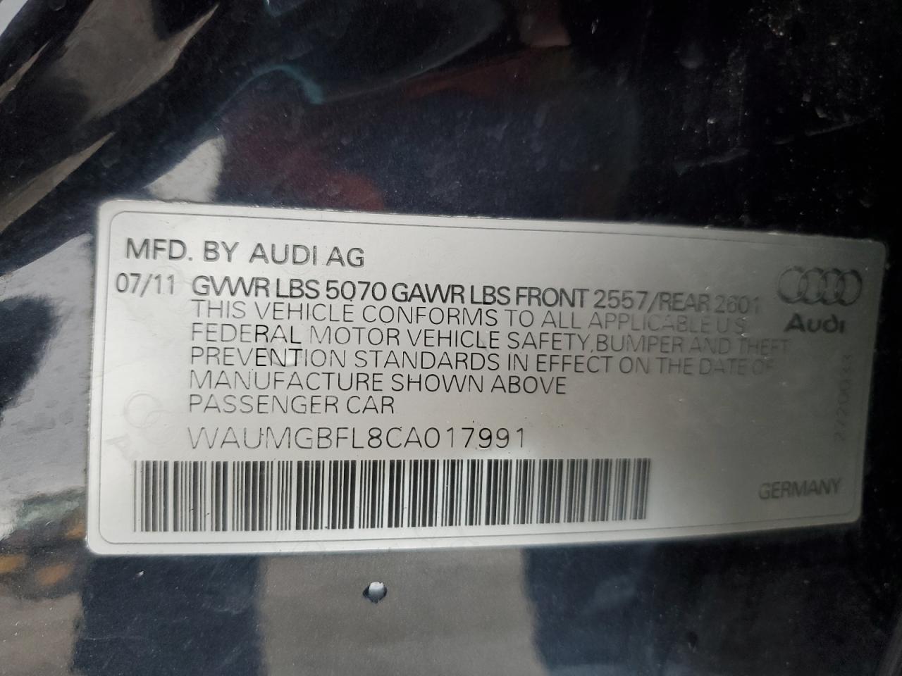 2012 Audi S4 Prestige VIN: WAUMGBFL8CA017991 Lot: 55174865