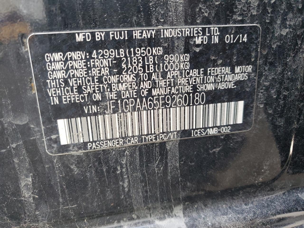 2014 Subaru Impreza VIN: JF1GPAA65E9260180 Lot: 54877135