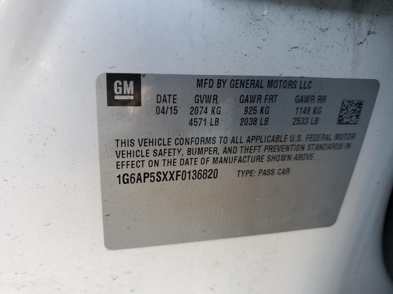 2015 Cadillac Cts VIN: 1G6AP5SXXF0136820 Lot: 54666385
