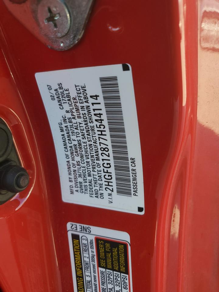 2007 Honda Civic VIN: 2HFG12877H544114 Lot: 52246565
